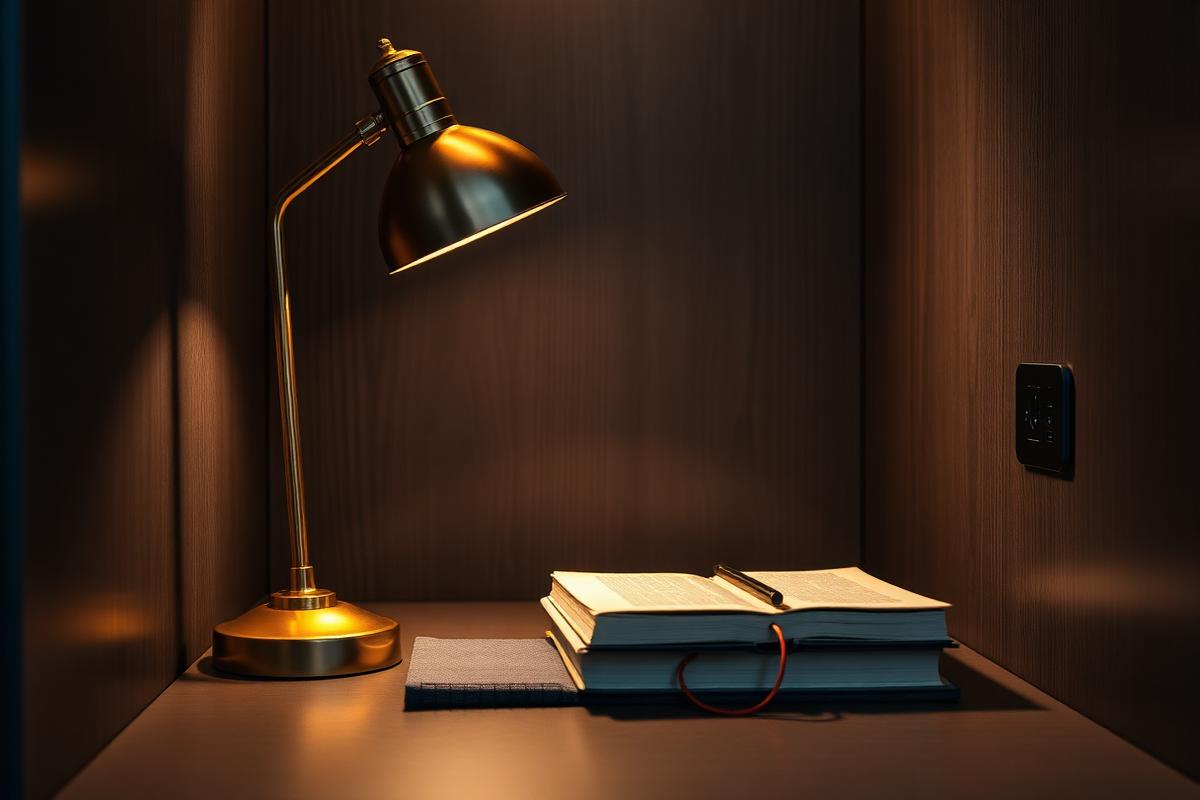 A private study cubicle with a reading lamp and charging point at Alpha Library